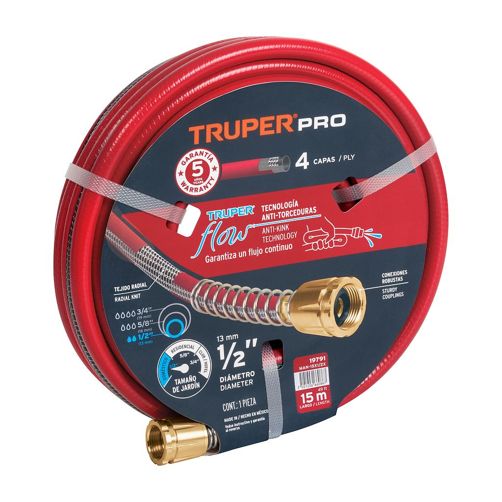 MANGUERA 1/2' SUPER REFORZADA 4 CAPAS 15 M CONEXIONES METAL