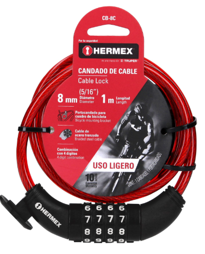 CANDADO DE CABLE C/COMBINACION, 8 mm X 1.0 m