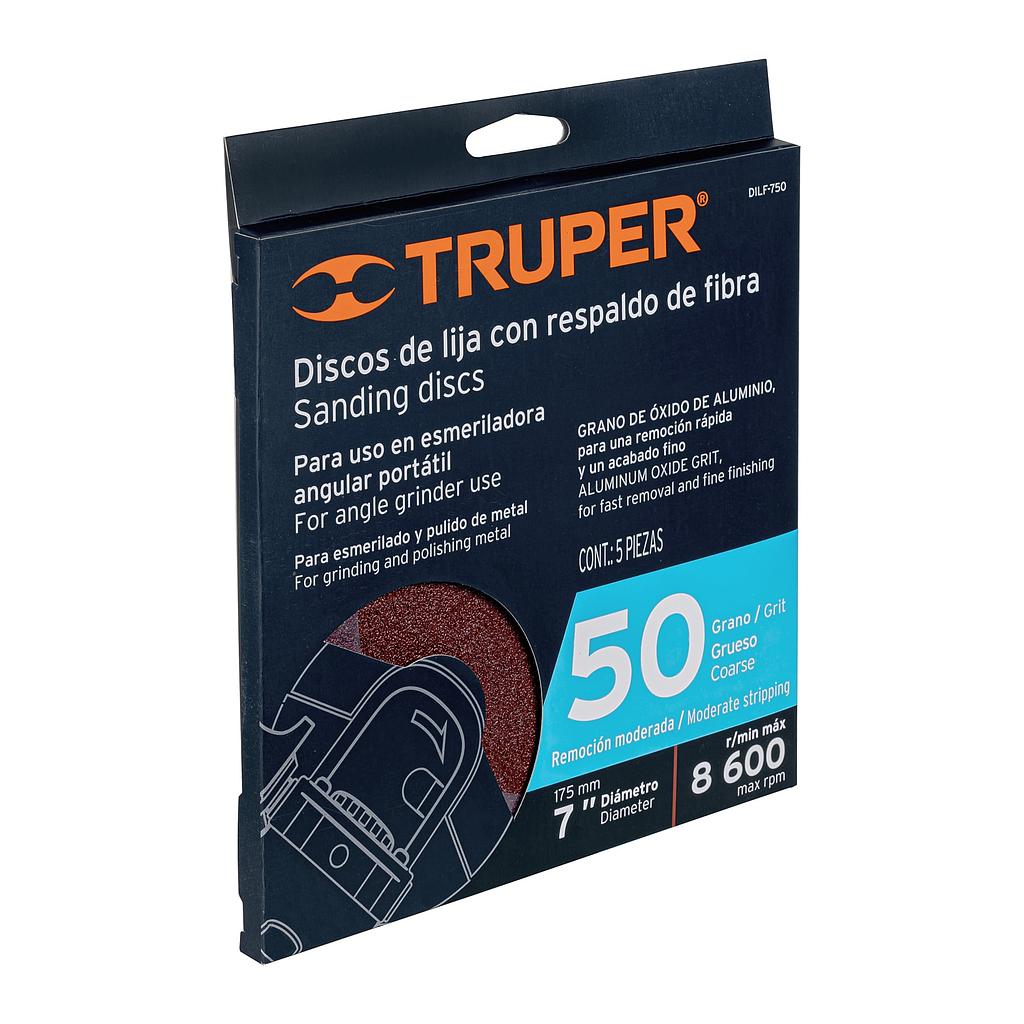 DISCO DE LIJA DE 7' CON RESPALDO DE FIBRA, GRANO 50, TRUPER