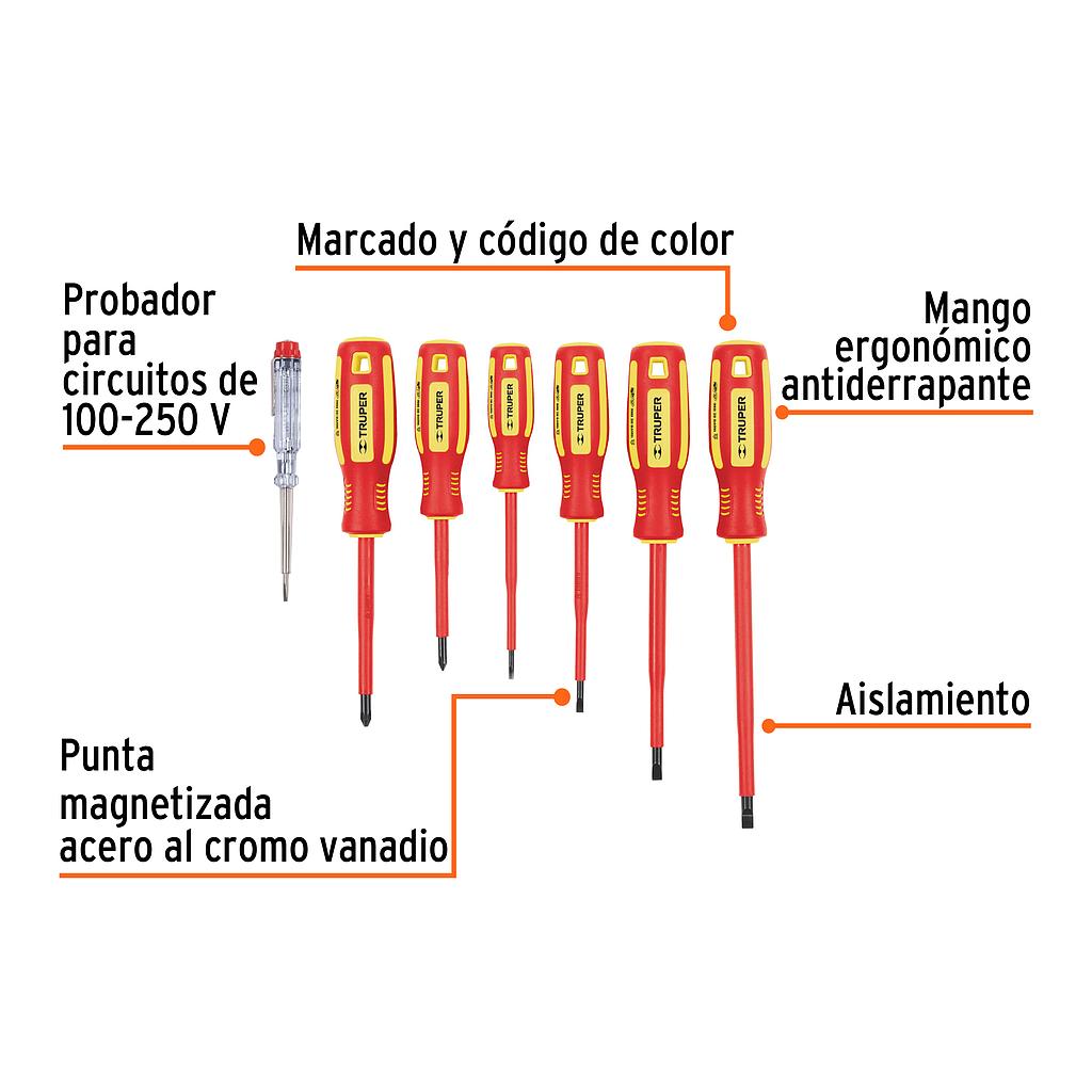 JUEGO 6&quot; DESARMADORES DIELECTRICOS Y 1 PROVADOR DE CORRIENTE TRUPER