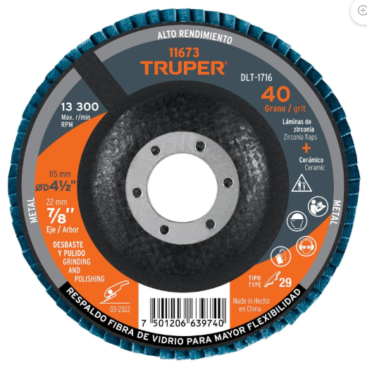 DISCO LAMINADO 4-1/2 &quot;GRANO 40 CENTRO 7/8&quot; FIBRA