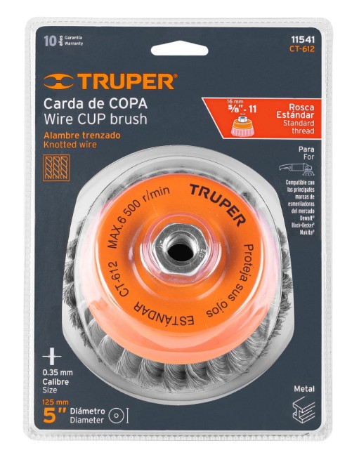 Carda copa 5&quot; alambre trenzado fino, eje 5/8&quot;-11