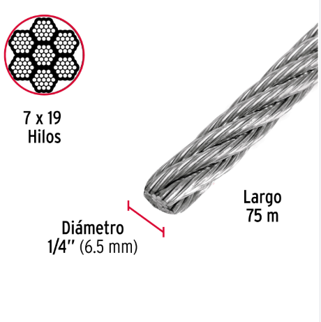 CABLE DE ACERO 1/4&quot; 7X19 HILOS SIN RECUBIERTA