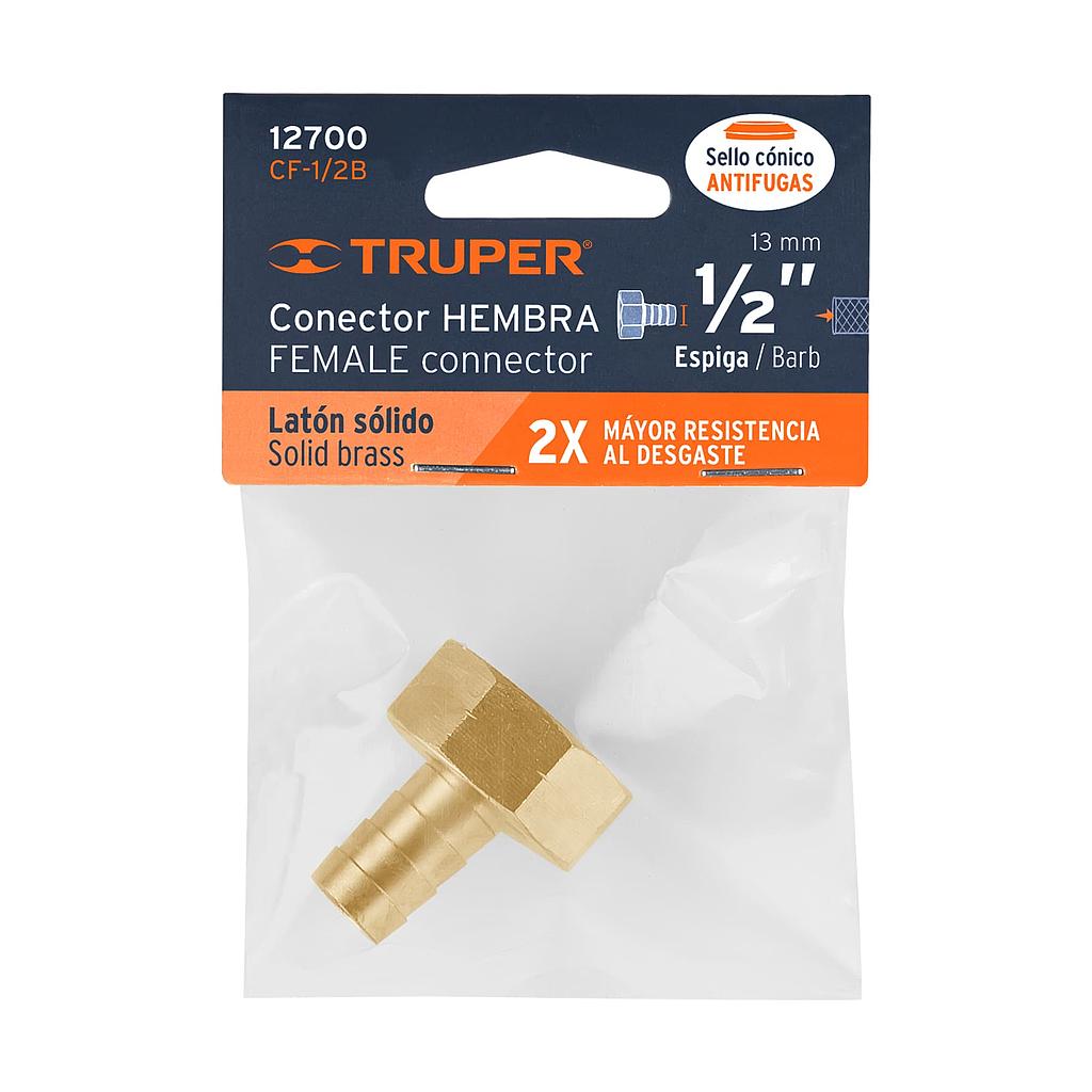 CONECTOR 1/2' HEMBRA DE LATÓN SÓLIDO PARA MANGUERA, TRUPER