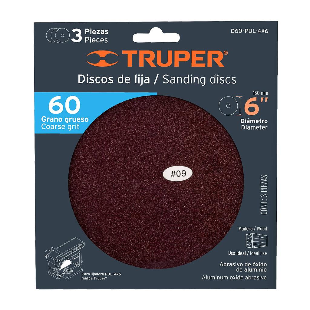 PAQUETE C/3 DISCOS DE LIJA 6' GRANO 60, PARA PUL-4X6T