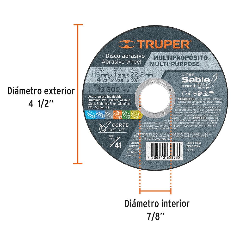 DISCO ABRASIVO DE 115MM 41/2 MULTIPROPOSITO 115mmx1mmx22,2mm,41/2x1/25x7/8